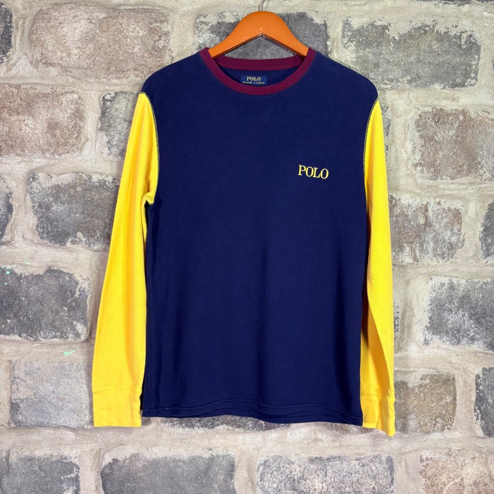 Polo Ralph Lauren Mens Colorblock Thermal Waffle Knit Shirt Navy Yellow Large